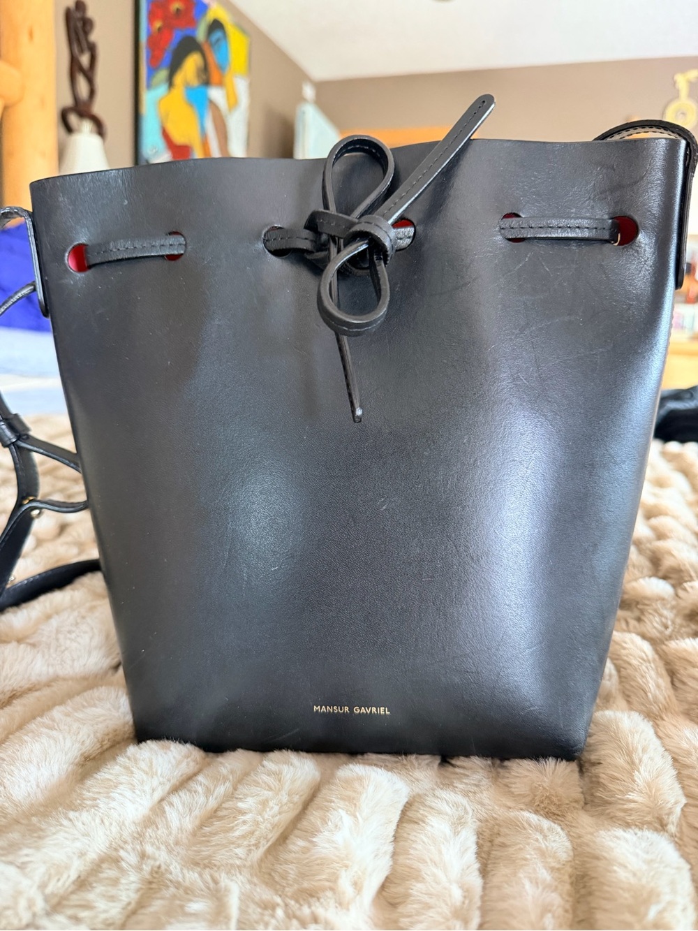 Mansur Gavriel Black Leather mini Bucket shoulder bag with red interior